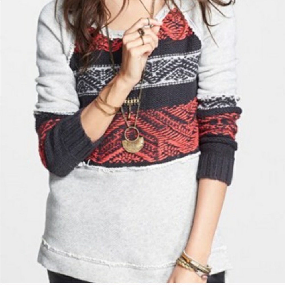 Free People Snow Angel Red and Black Patterned Sweater